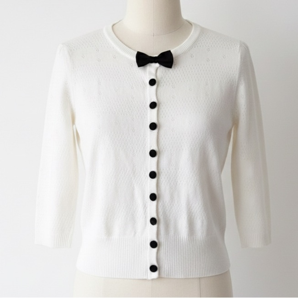 Collectif x ModCloth Cream Bow Button Front Pointelle Knit Cardigan Sweater XS